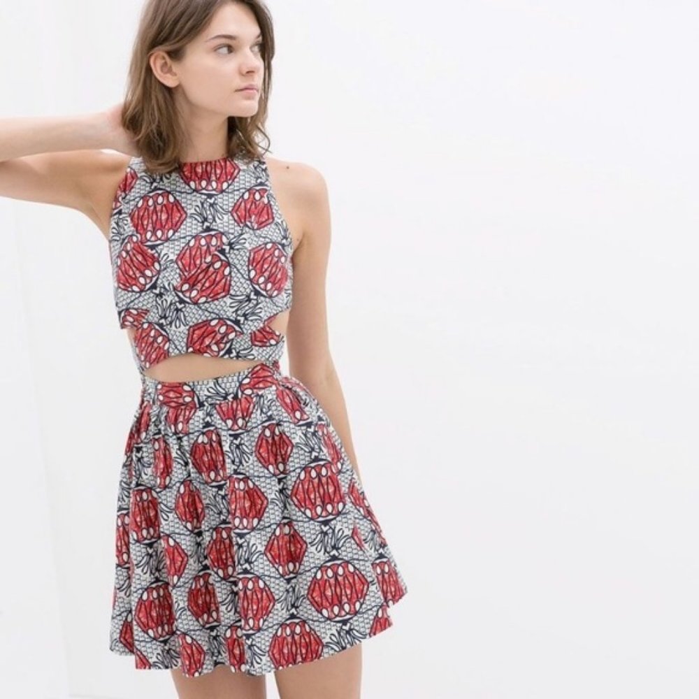 Zara Red and White Printed Mini Dress